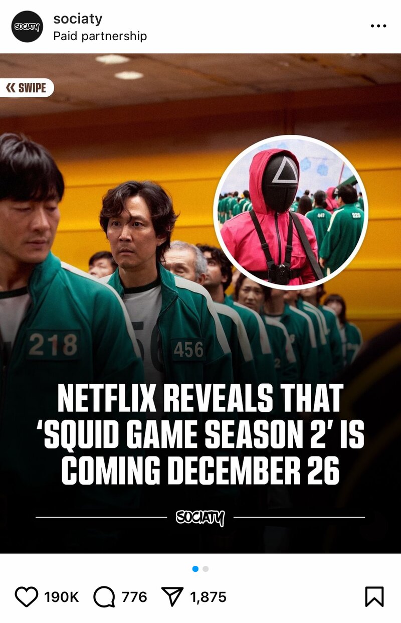 Sociaty paid partnership post. Netflix Squid Game Season 2 announcement, 190K likes