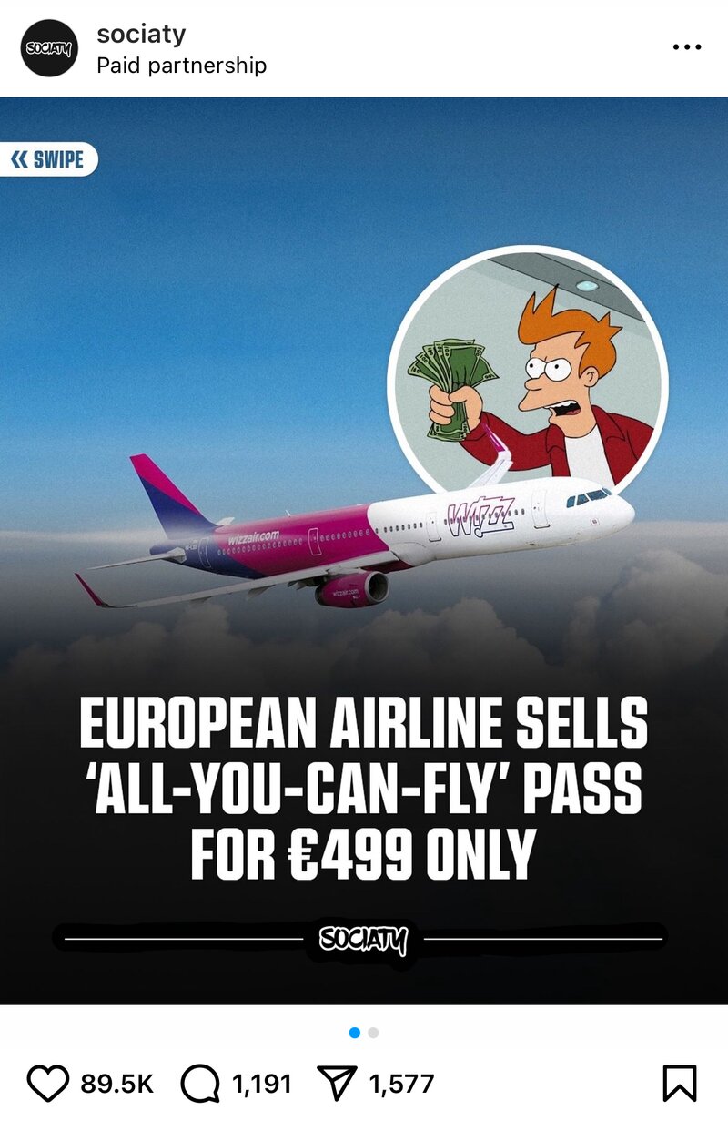 Sociaty paid partnership post. Wizz Air all-you-can-fly pass, 89.5K likes
